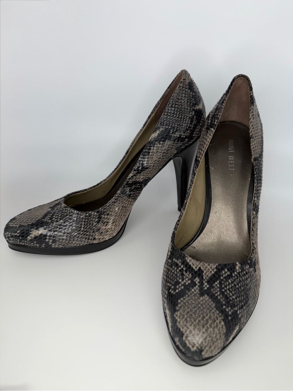 Nine West Snake-Print Pointed Toe Pumps in Taupe and Black